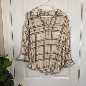 LOFT Cream and Brown Plaid Button Down Shirt